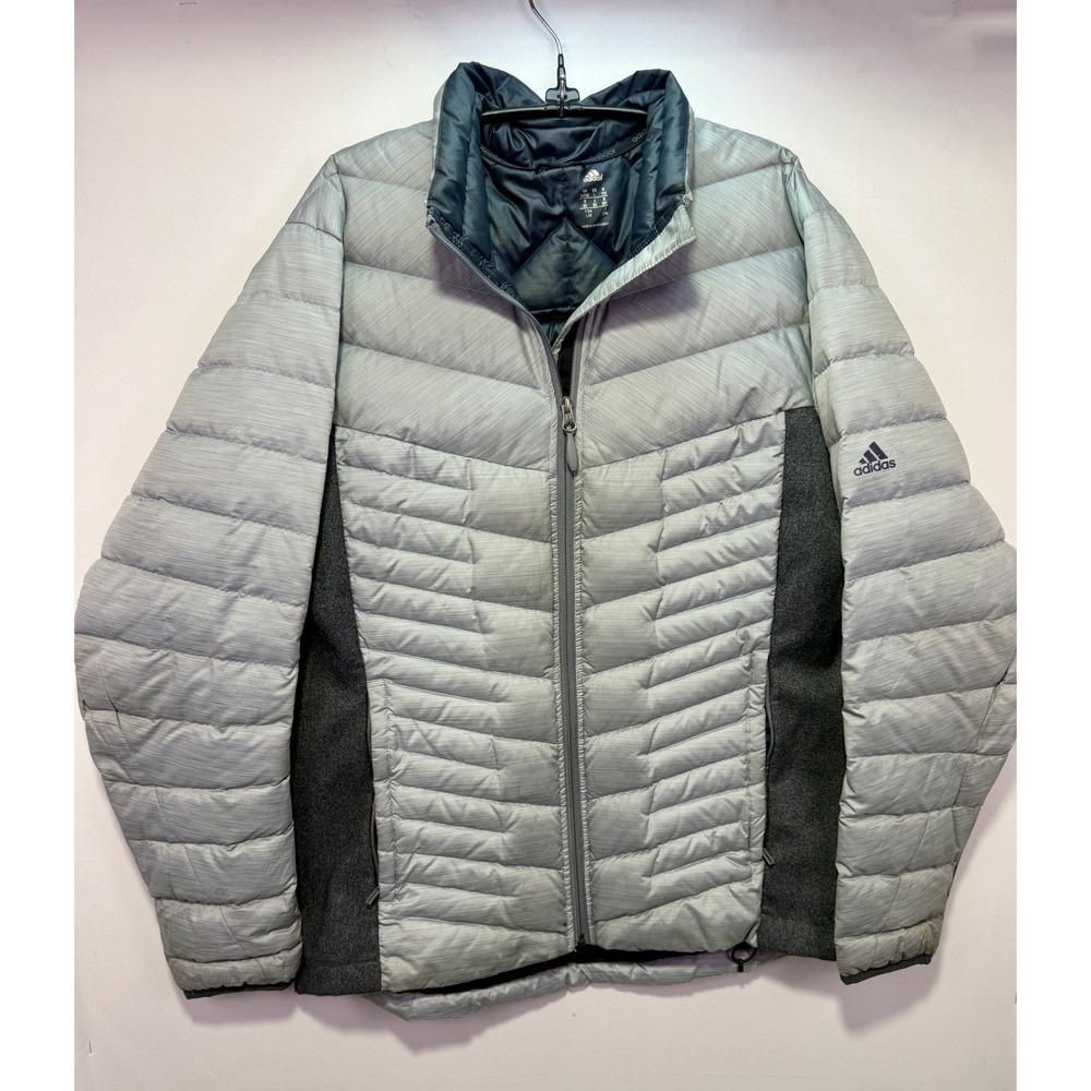 Adidas Outdoor Down Jacket Mens Large Gray Goose Down Full Zip Puffer Hiking GUC